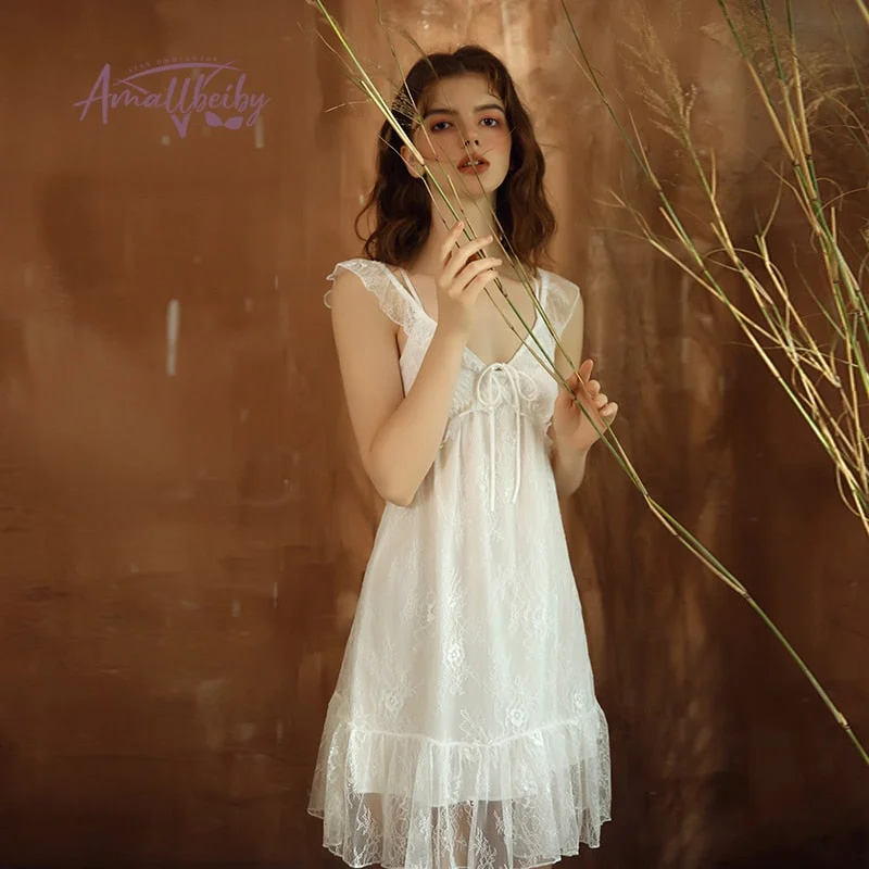 Soft Elegant Nightgowns Female Sweet Princess Sleeping Dress Lace Sexy White Nightdress V-neck Mesh Nightwear Night Dress