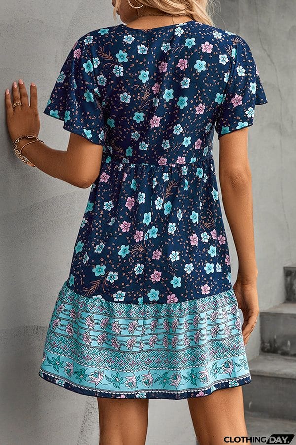 Button V-Neck Floral Loose Mini Dress