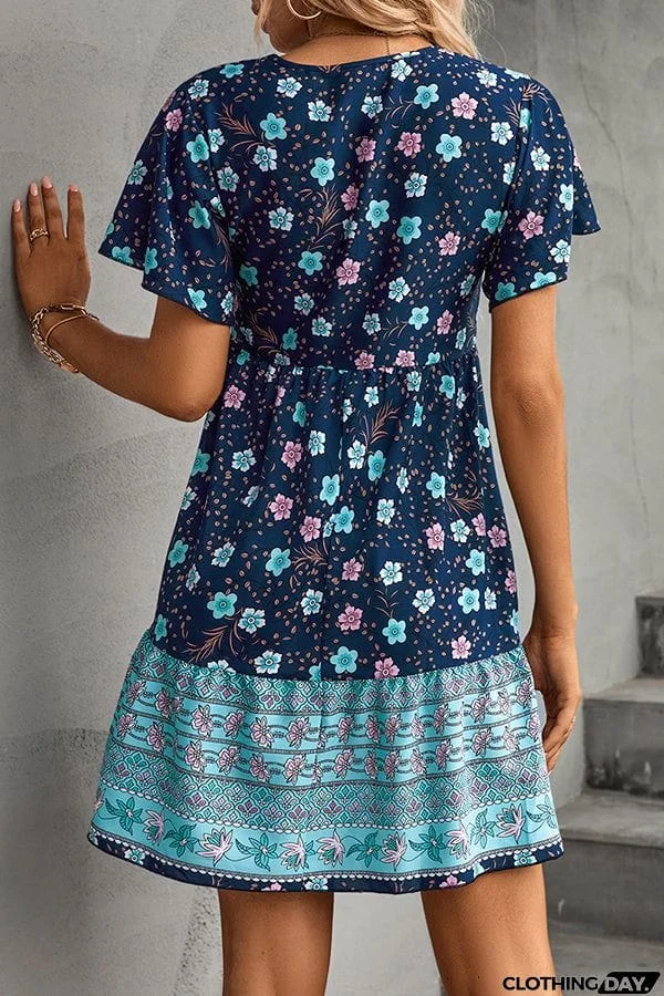 Button V-Neck Floral Loose Mini Dress