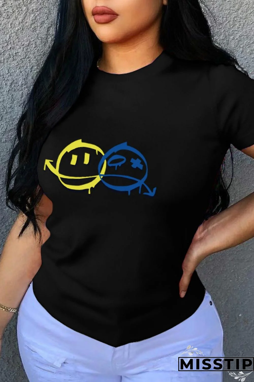 Black Casual Print Basic O Neck T-Shirts