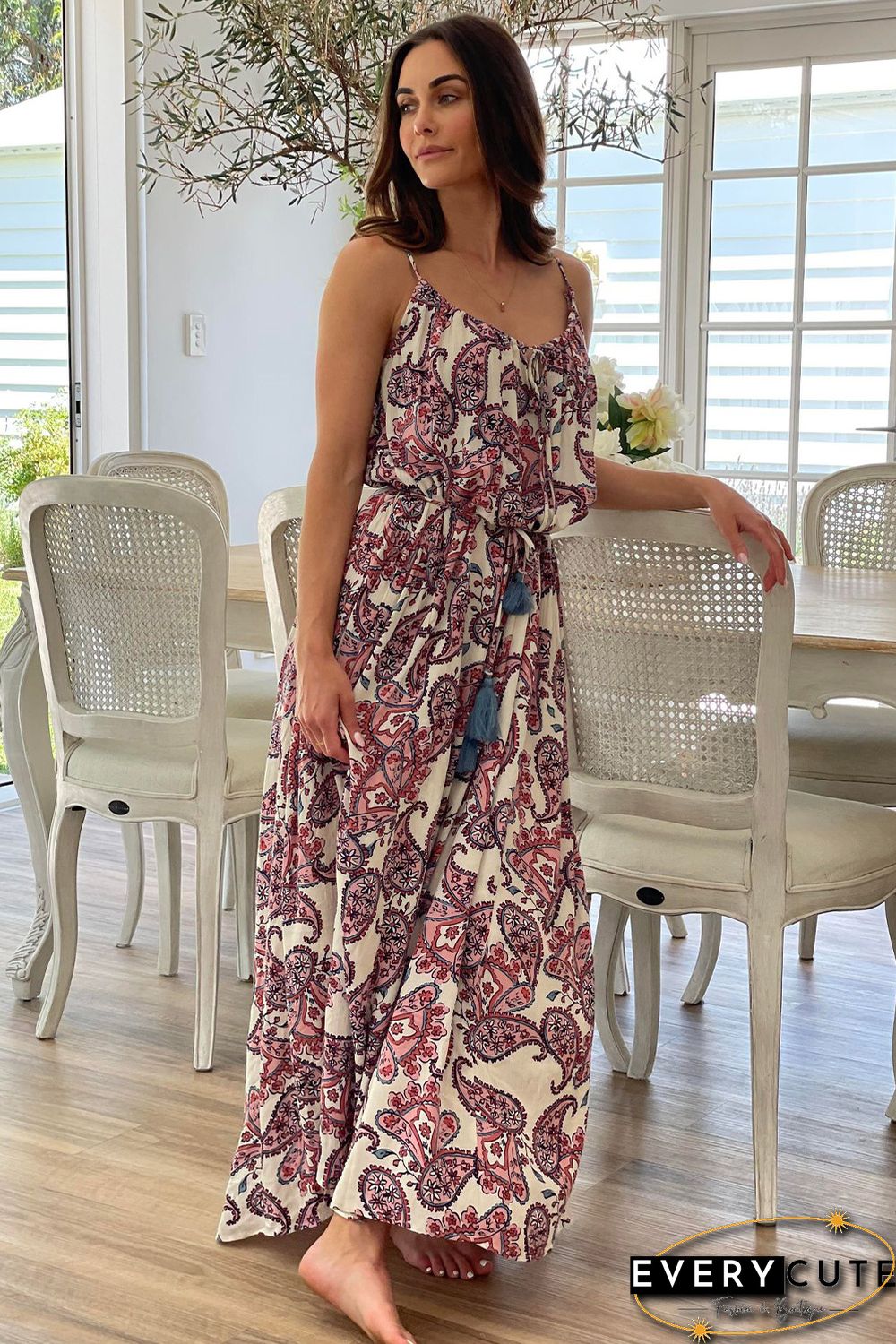 White Boho Paisley Print Spaghetti Straps Maxi Dress