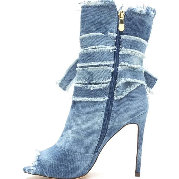 Peep Toe Denim Stiletto Heel Ankle Booties Vdcoo