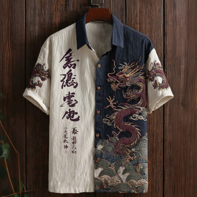 Comstylish Men's Retro Japanese Dragon Art Print Linen Blend Short-sleeve Shirt