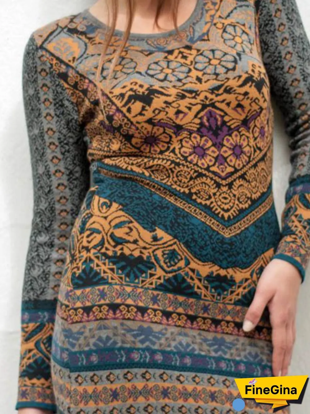 Gray Long Sleeve Cotton Casual Knitting Dress