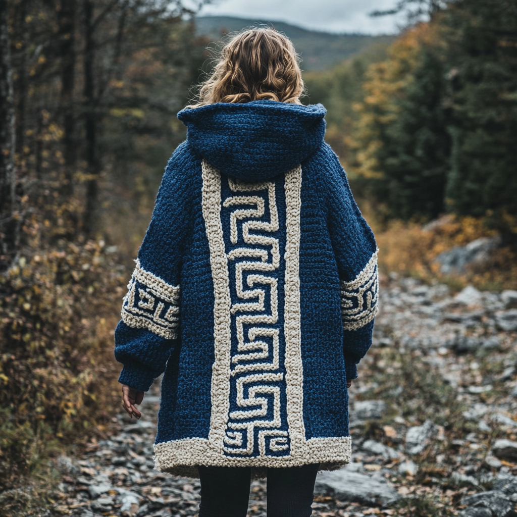 Women's Greek Art Inspired Jacquard Knit Cozy Hooded Cardigan