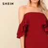 SHEIN Burgundy Zip Back Layered Ruffle Bardot Sexy Jumpsuit Women Off the Shoulder Skinny Wide Leg Solid Summer Party Jumpsuits