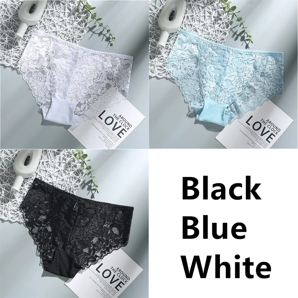 3Pcs Sexy Low Waist Women's Underwear Lace Plus Size Seamless Panties Breathable Lingerie Female Briefs Solid Hollow Underpants