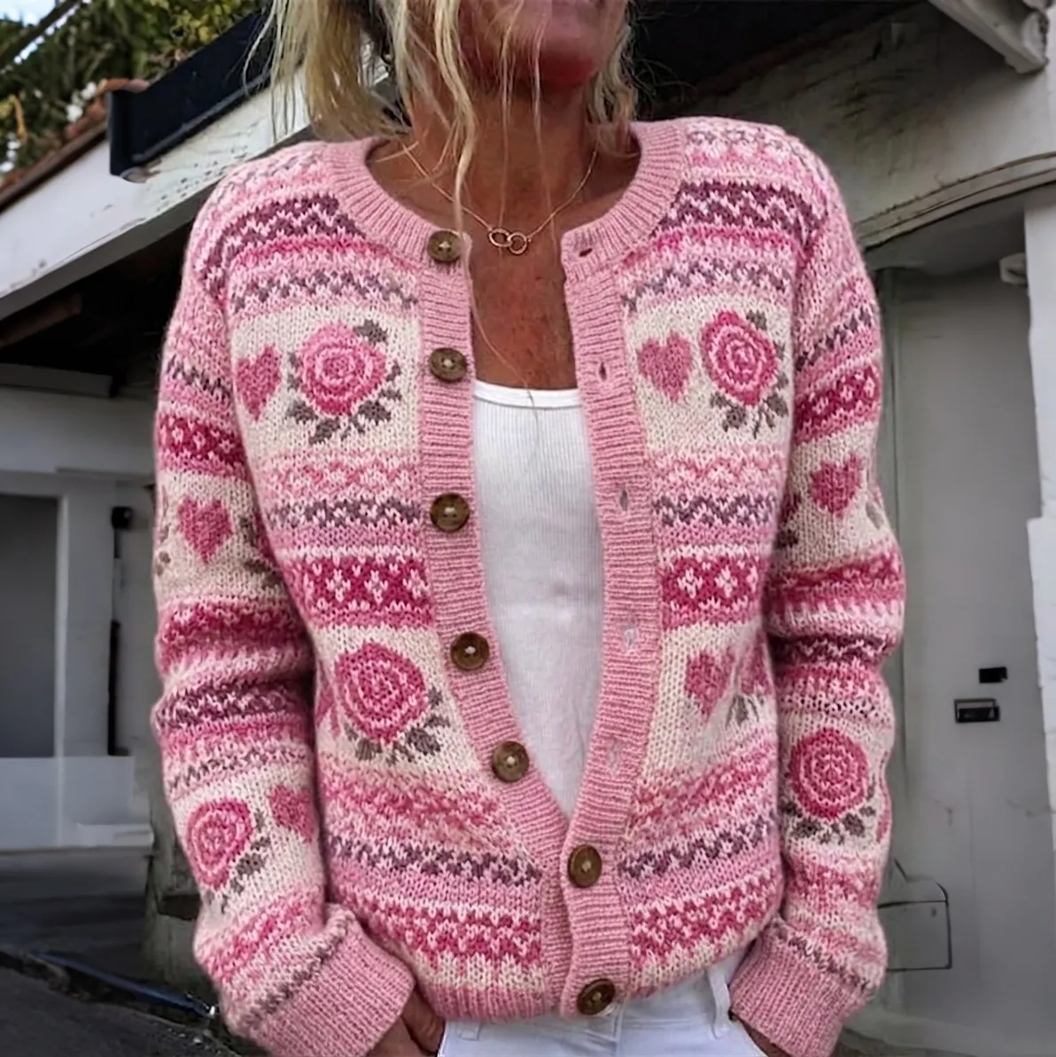 Comstylish Women's Floral Vintage Pattern Knitted Comfort Cardigan