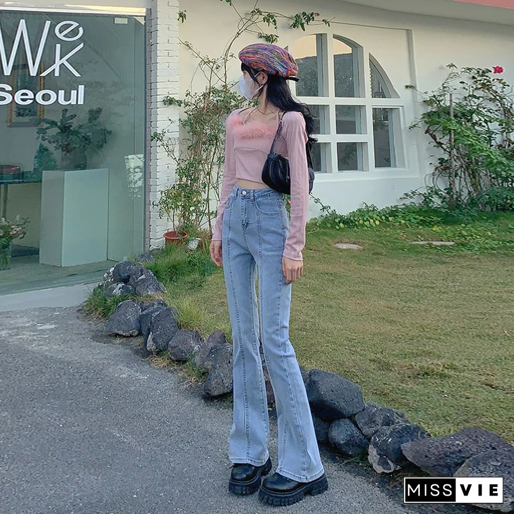 Light Blue Patchwork Flare Jeans female