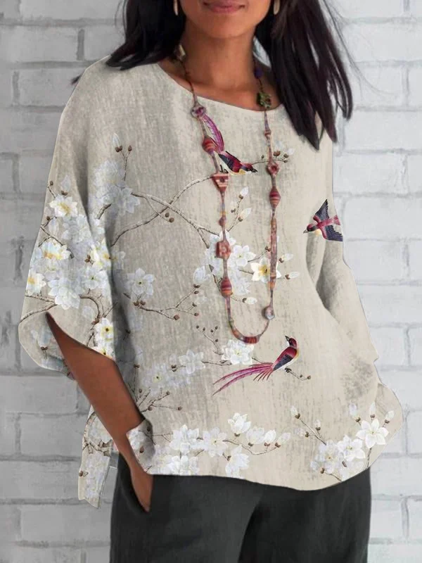 Women's Casual Floral Bird Print Loose Round Neck Mid-Sleeve Top