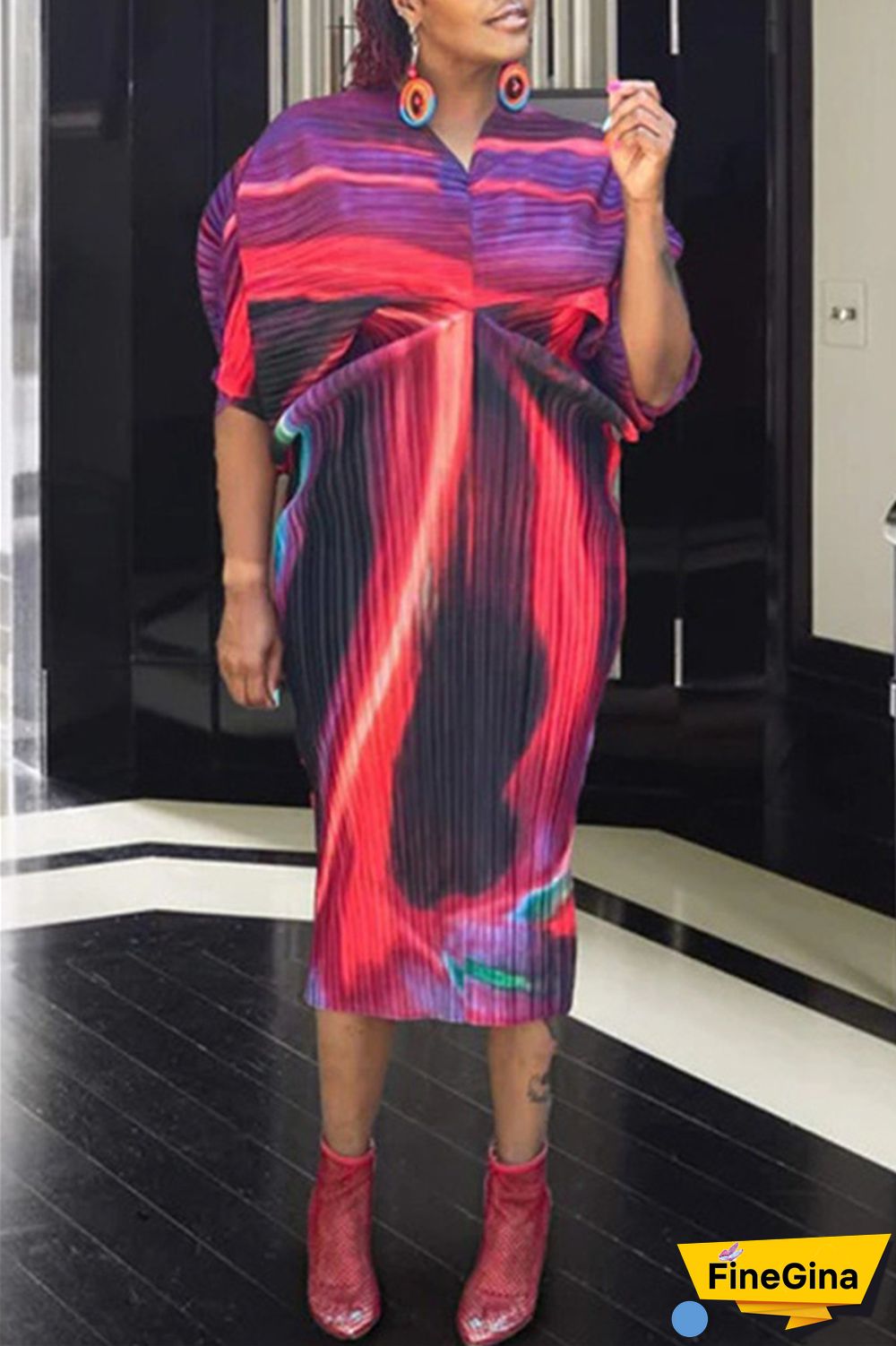 Pink Purple Casual Print Patchwork V Neck Pencil Skirt Plus Size Dresses