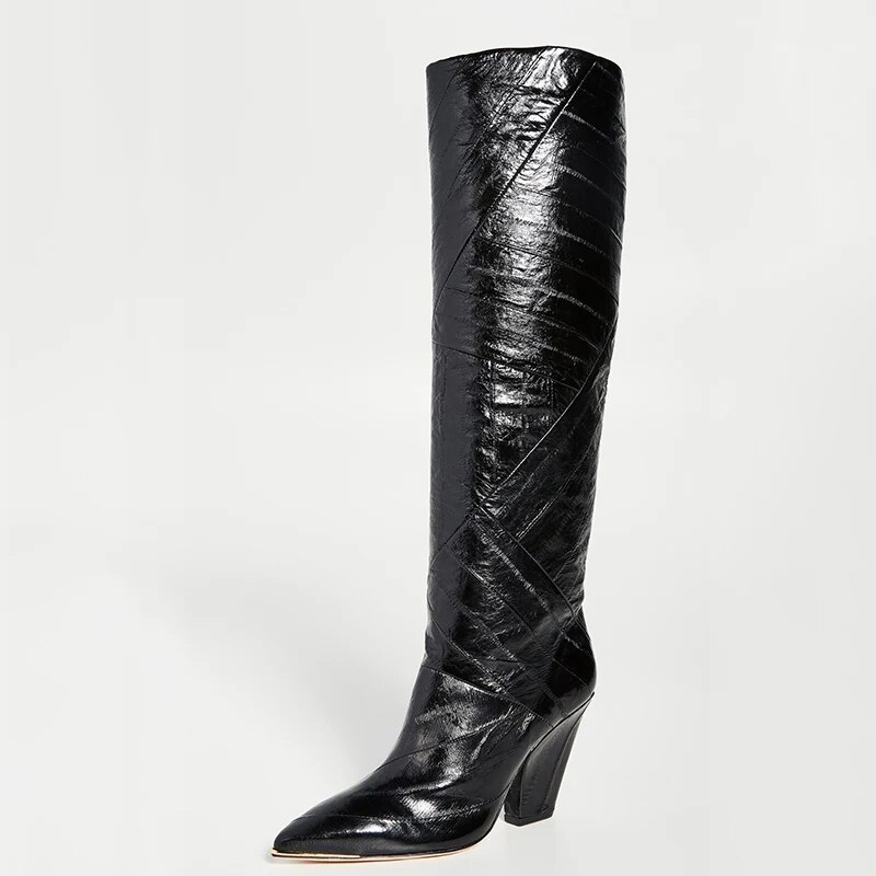 TAAFO Patchwork Stripe Pattern Knee Long Boots High Chunky Heels Pointed Toe Lady Shoes