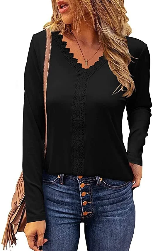 Women's Lace Bottoming Shirt V-neck Long-sleeved T-shirt