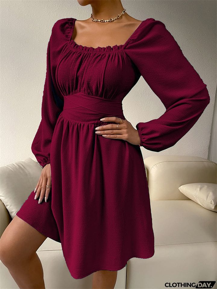 Temperament Trendy Lady Square Neck Long Sleeve High-waisted A-line Dress
