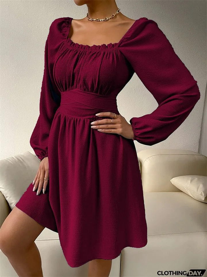 Temperament Trendy Lady Square Neck Long Sleeve High-waisted A-line Dress