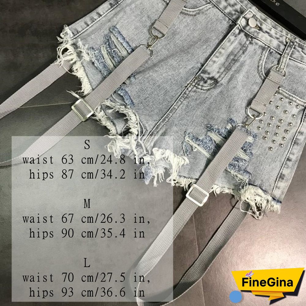 Women Denim Hot Pants Shorts Mini Jeans Rivet Removable Strap Tassels Gothic Punk Sexy