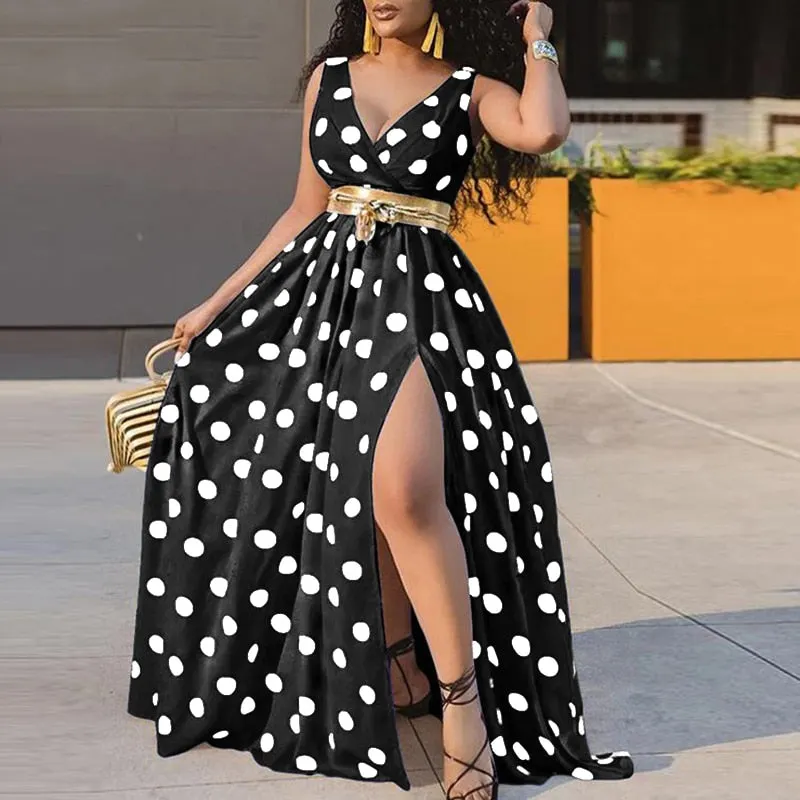 2022 VONDA Women Sleeveless V Neck Bohemian Floral Print Beach Dress Sexy High Split Hem Robe Bohemian Vestido Party Beach Dress