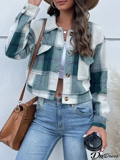 Plaid Button Up Drop Shoulder Cropped Jacket