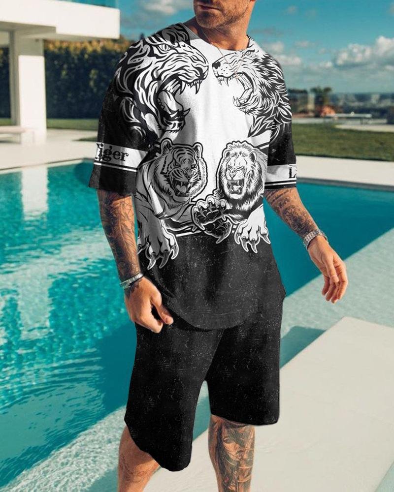 Simple Men's Black-white Lion Contrast Print Suit