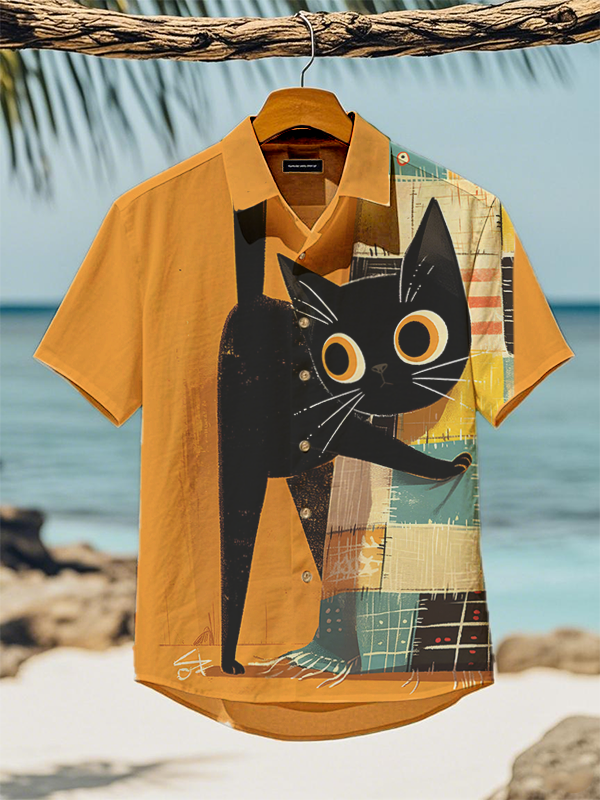 Men's Funny Black Cat And Patchwork Art Print Short Sleeve Shirt