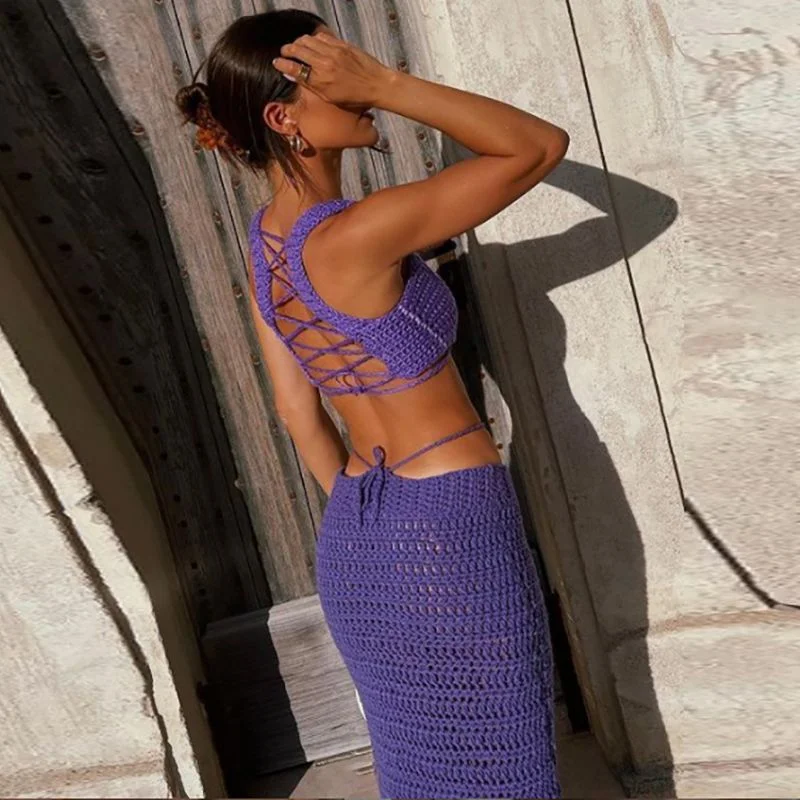 Weird Puss Elegant Party Knit 2-Piece Set Women Skinny Irregular Camisole+Lace Up Low Waist Skirts See Through Matching Clubwear