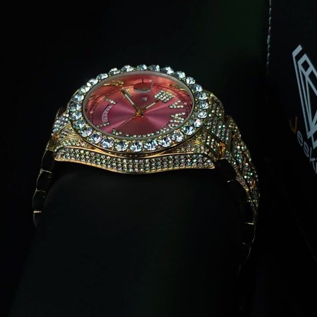 Iced Out Silver/Red/Pink Dial Quartz With Calendar Watch