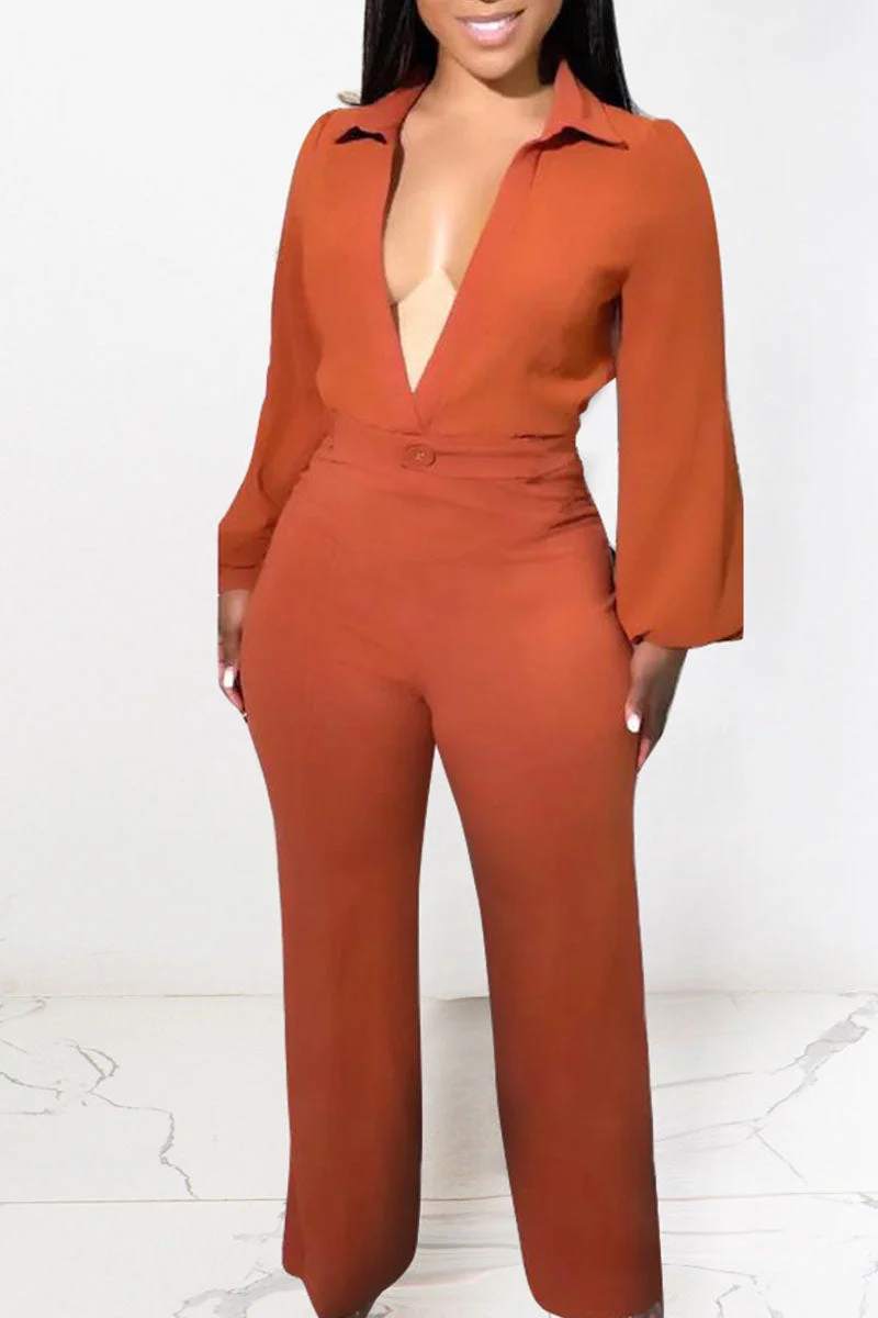 Sexy Solid Patchwork V Neck Straight Jumpsuits