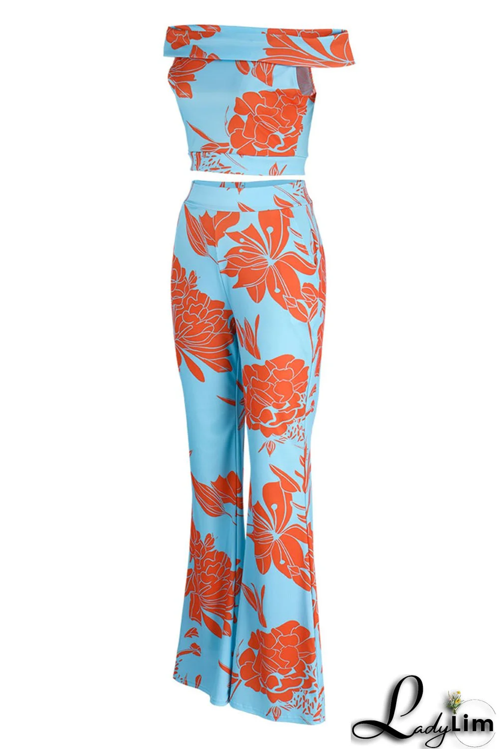 Light Blue Fashion Casual Print Patchwork Backless Off the Shoulder Short Sleeve Two Pieces