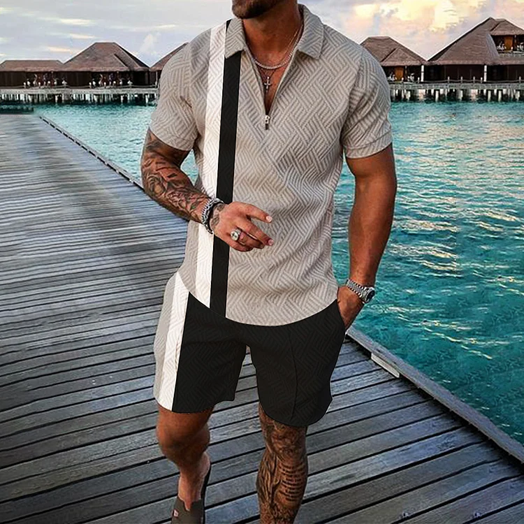 BrosWear Stripe Detail Contrast Color Short Sleeve Polo Shirt And Shorts Co-Ord