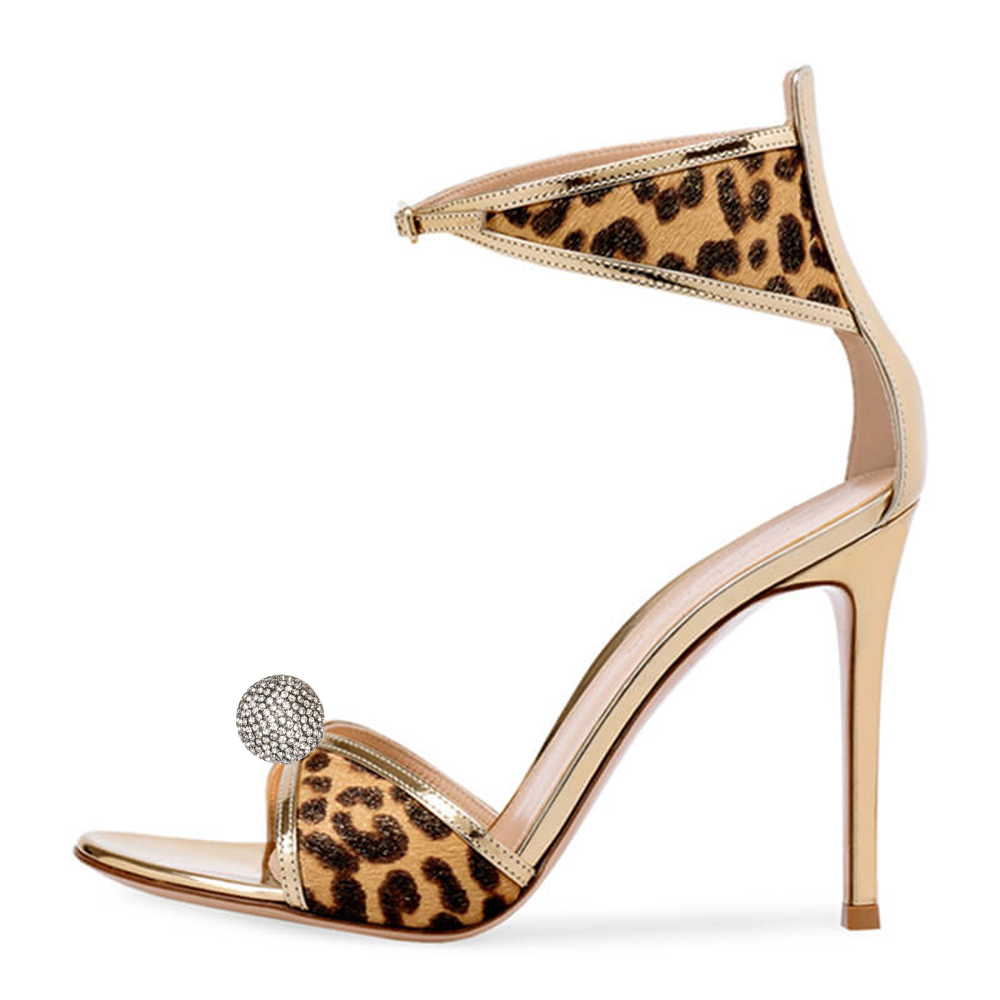 Gold Open Toe 4'' Stiletto Heels Ankle Strap Leopard Print Sandals Nicepairs