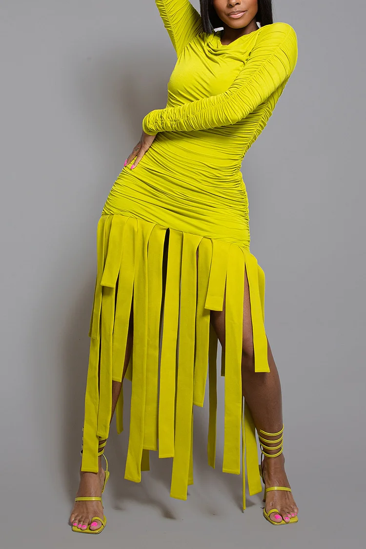 Xpluswear Plus Size Yellow Casual Fringe Ruched Maxi Dress 