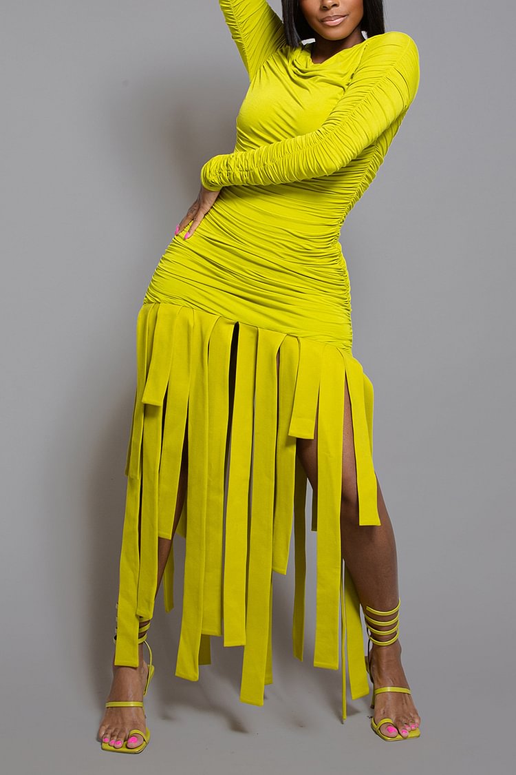 Xpluswear Plus Size Yellow Casual Fringe Ruched Maxi Dress [Pre-Order]