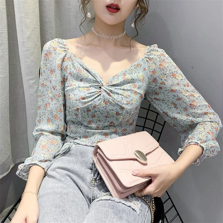 Tanguoant Sexy Summer Floral Crop Top Women Slim V Neck Long Sleeve Pleat Blusas Chiffon Shirts Korean Clothes
