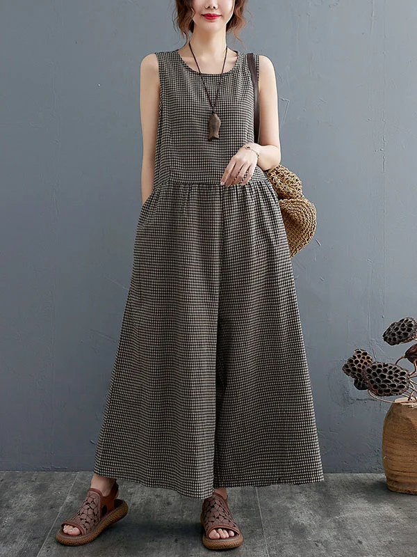 Plaid Split-Joint Loose Sleeveless Round-neck Jumpsuits