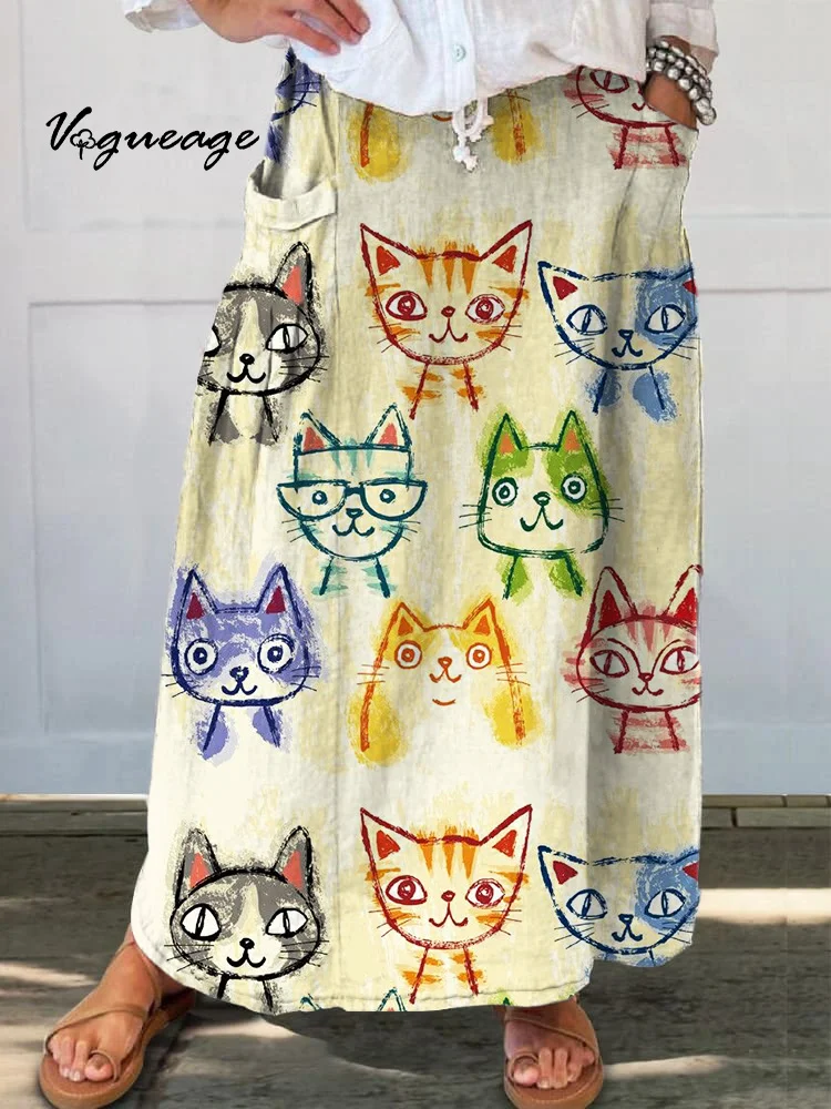 Hand Drawn Cute Cartoon Cat Printed Women's Casual Cotton And Linen Skirt