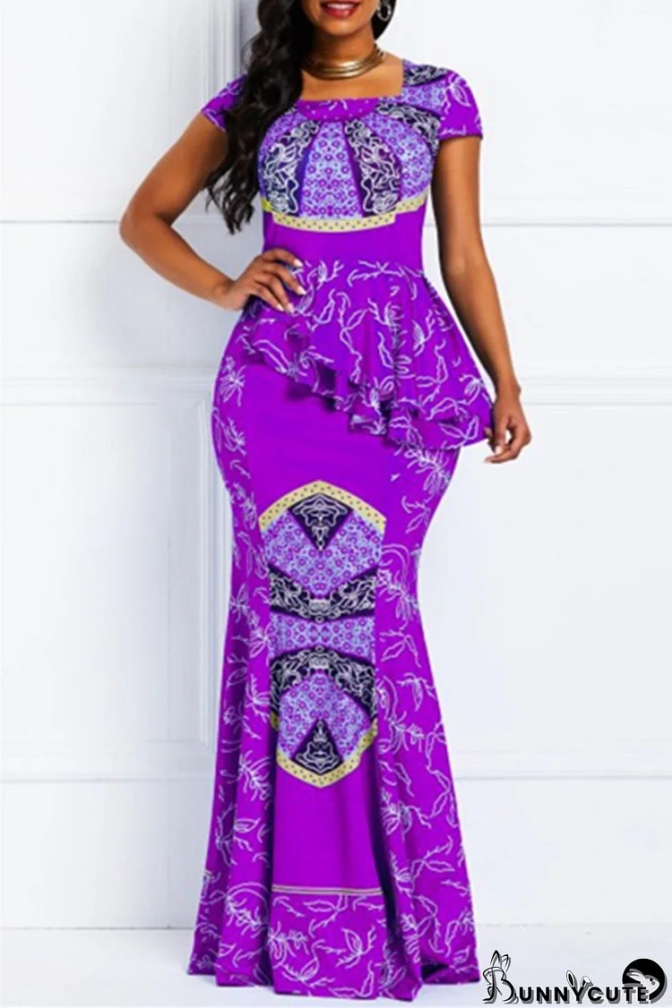 Purple Fashion Casual Print Split Joint O Neck Short Sleeve Dress Dresses