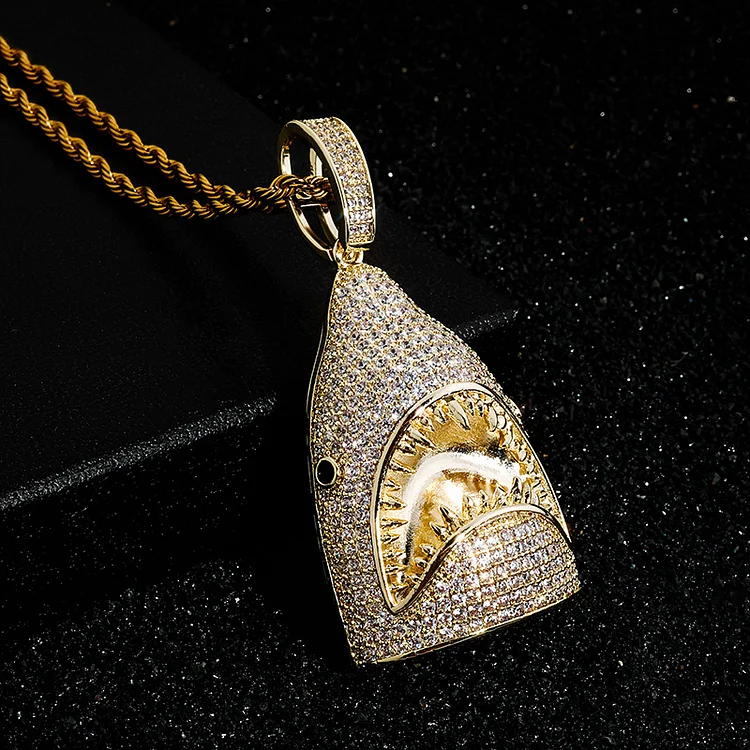 Micro Paved Zircon Shark Pendant Hip Hop Necklace Jewelry-VESSFUL