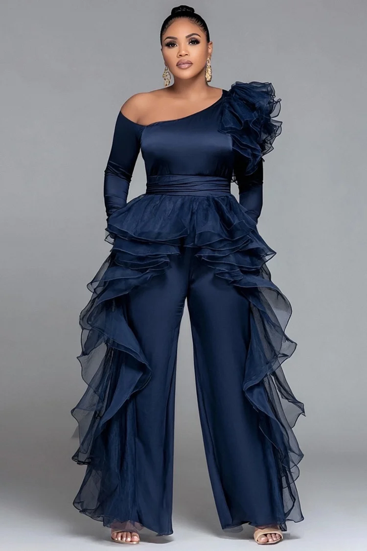 Xpluswear Design Plus Size Wedding Guest Tulle Blue Oblique Collar Long Sleeve Ruffle Elegant Pocket Satin Jumpsuits [Pre-Order]