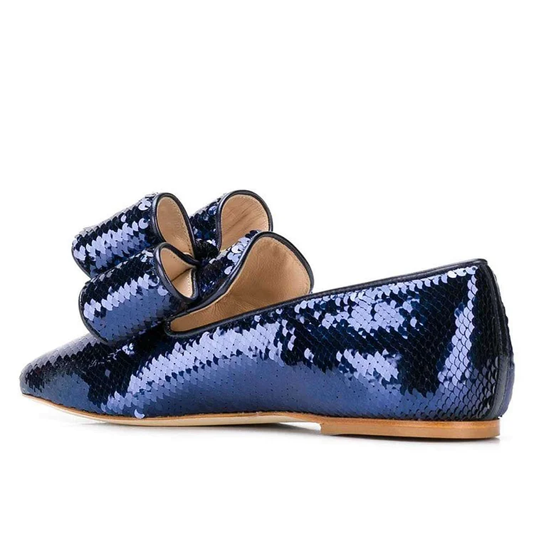 Navy Sequined Bow Pointy Toe Comfortable Flats |FSJ Shoes