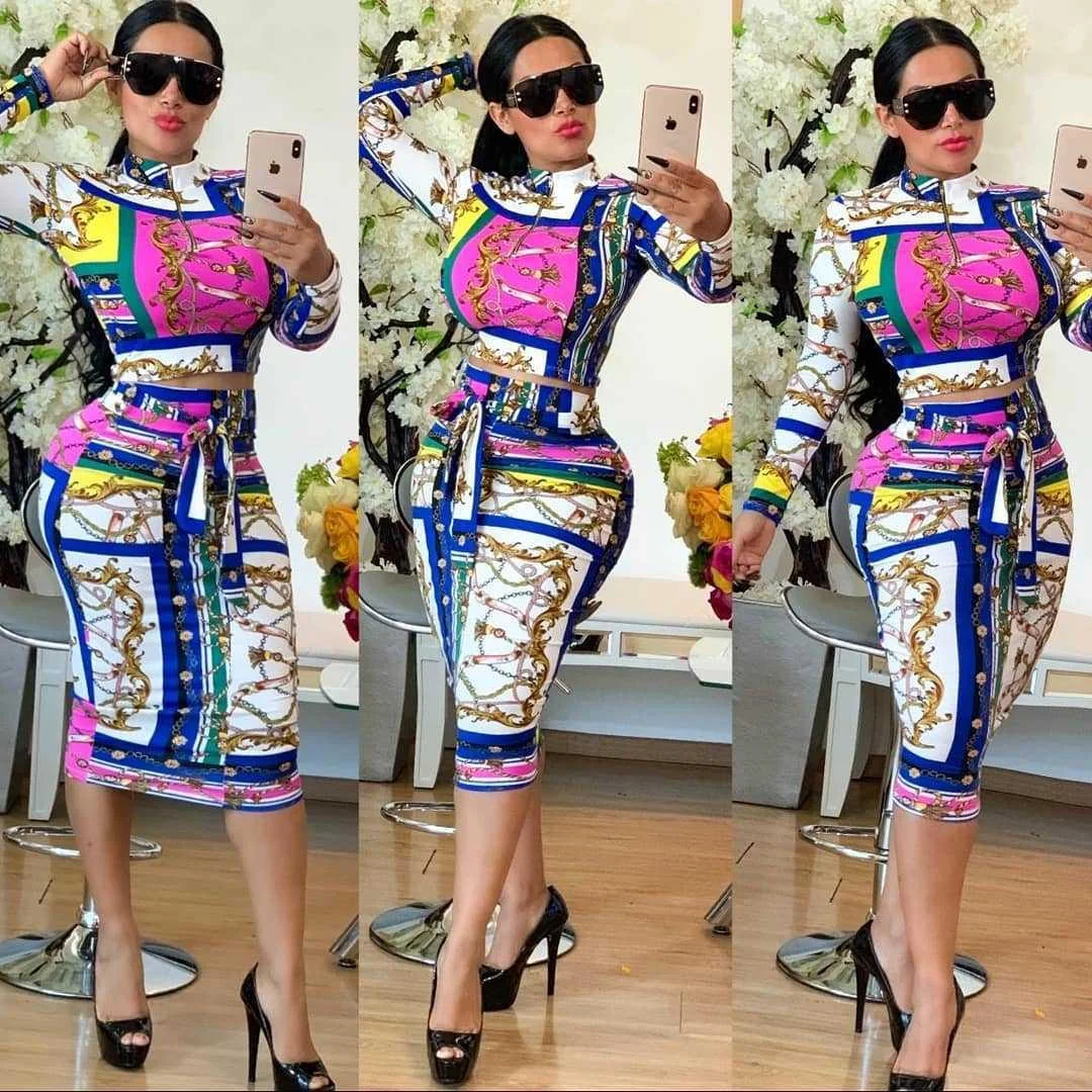 Women Plus Size Two Piece Matching Sets Long Sleeve Top T-shirt & High Waist Wrap Belt Bodycon Skirt Sets Retro Suit | IFYHOME