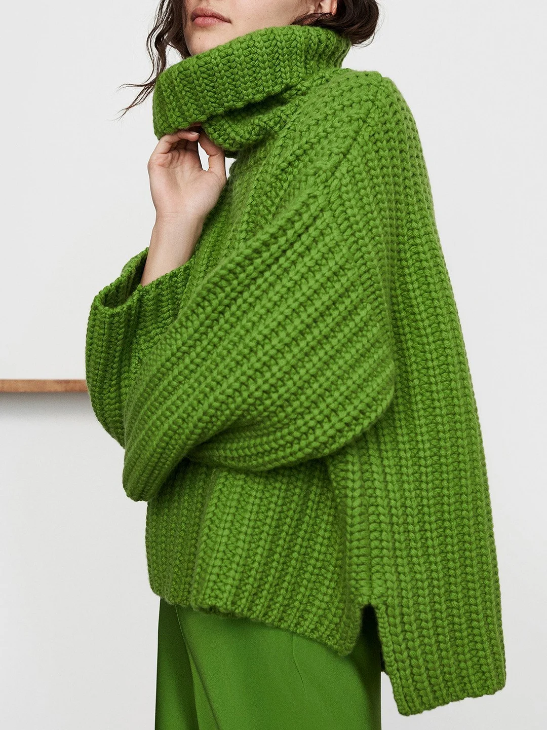 Green Turtleneck Knitted Casual Solid Sweater | IFYHOME