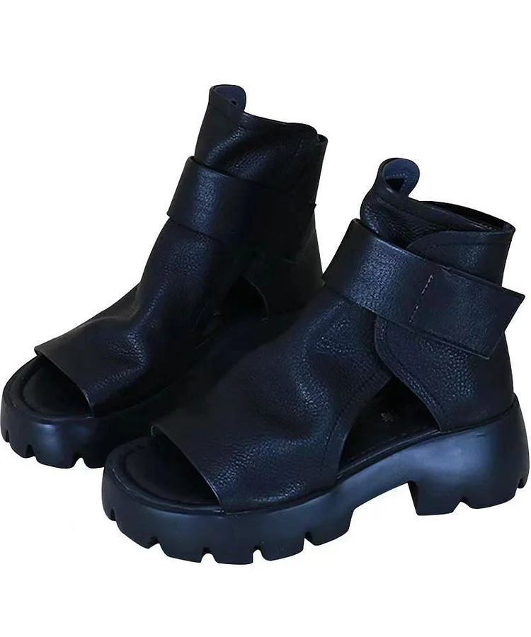 Unique Peep Toe Splicing Platform Boots Black Cowhide Leather