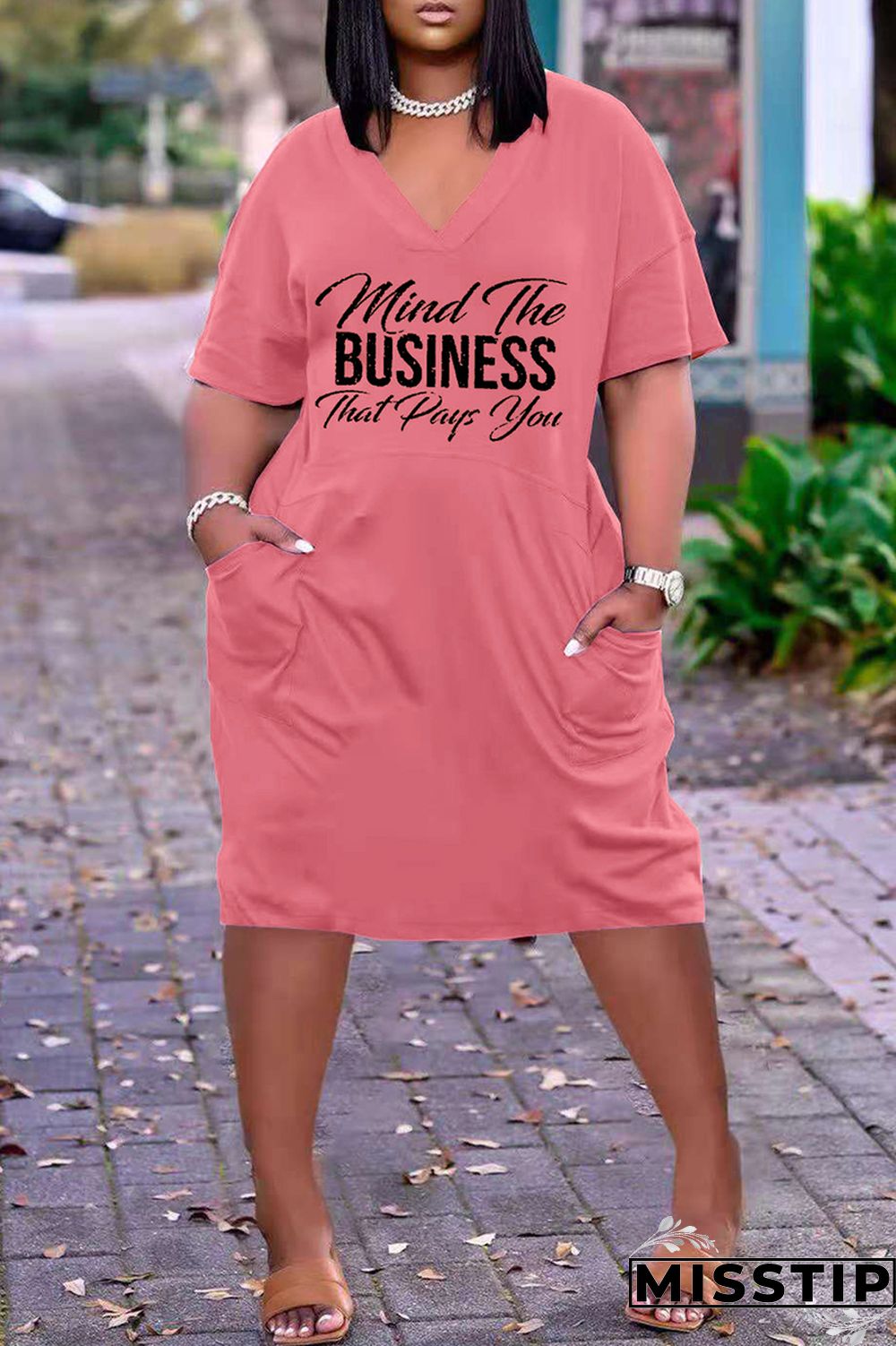 Pink Fashion Casual Letter Print Basic V Neck Short Sleeve Dress