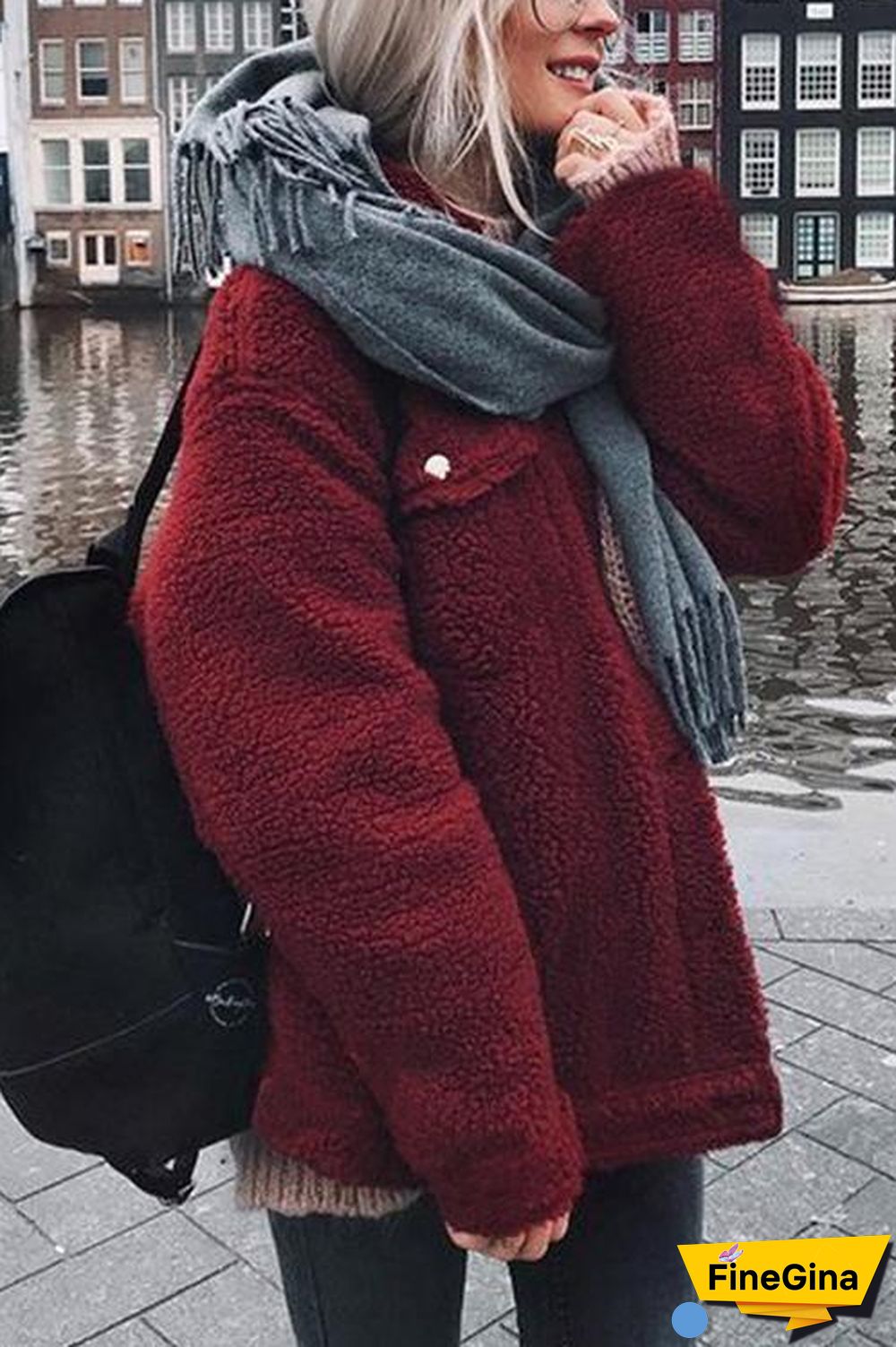 Button Lapel Long Sleeve Plush Coat