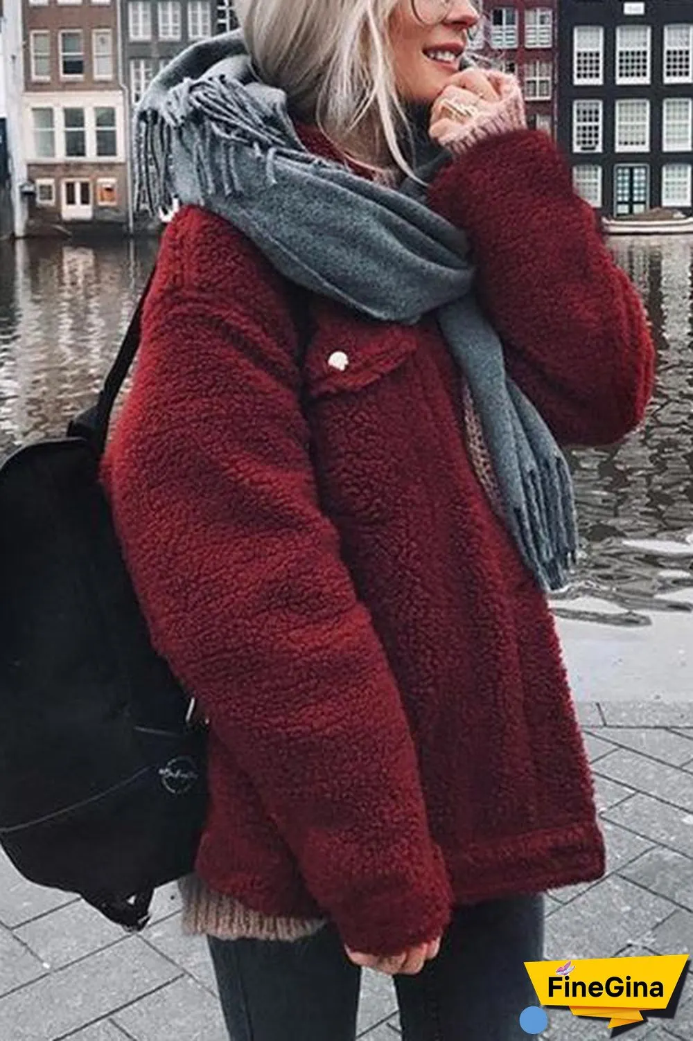Button Lapel Long Sleeve Plush Coat