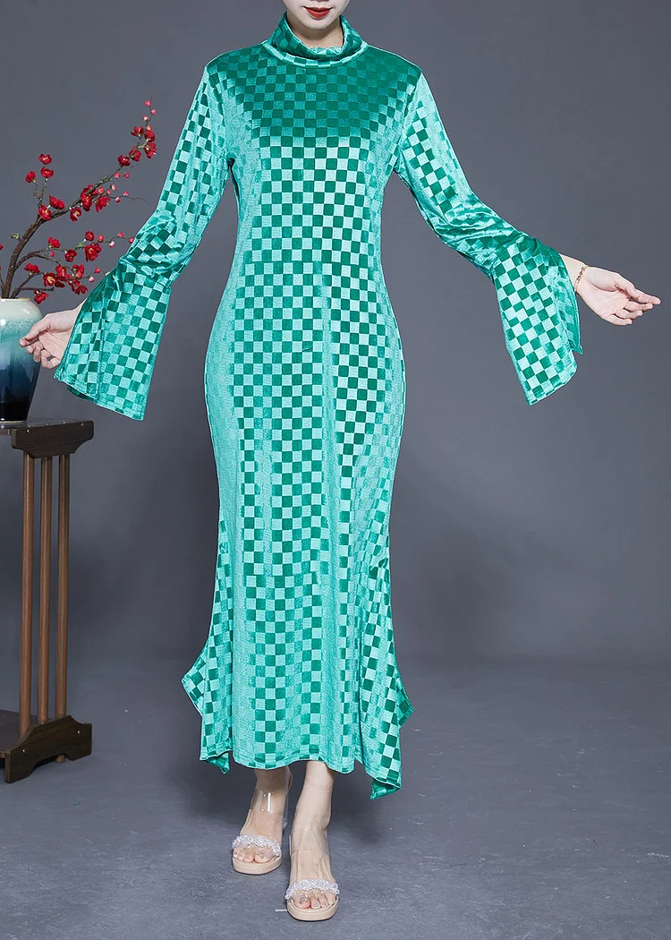 Art Green Stand Collar Plaid Side Open Silk Velour Long Dress Flare Sleeve