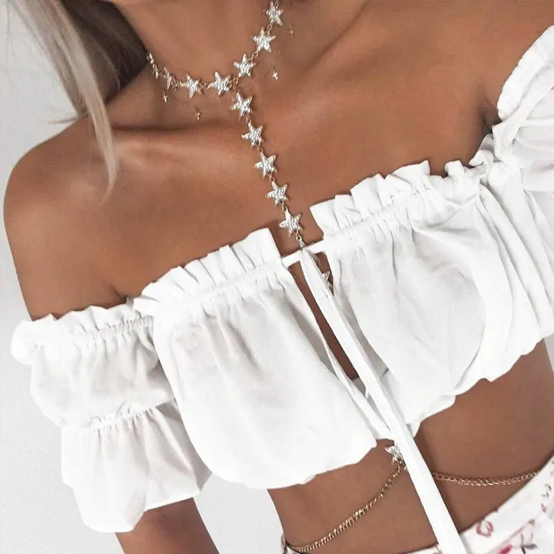 Churchf Churchf Women's Short Crop Summer Lantern Sleeves Sexy Shoulder With Frilly T-Shirt Women's Top Direct