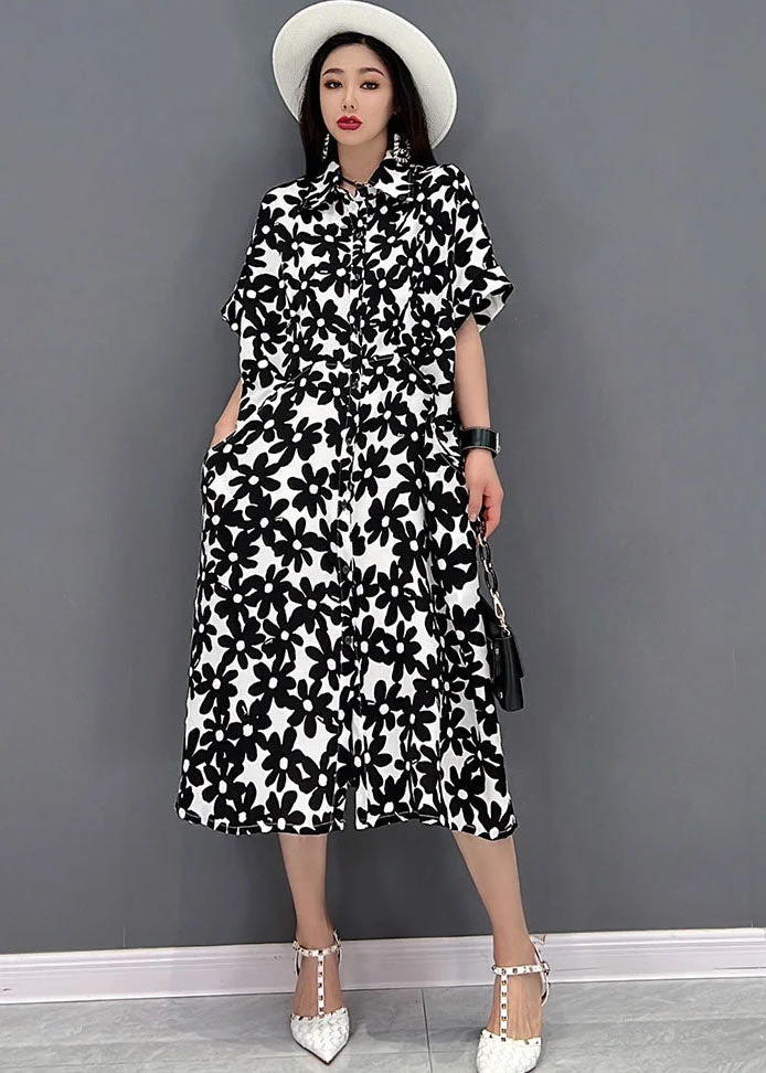 Black Floral Print Cotton Long Dresses Turn-down Collar Short Sleeve