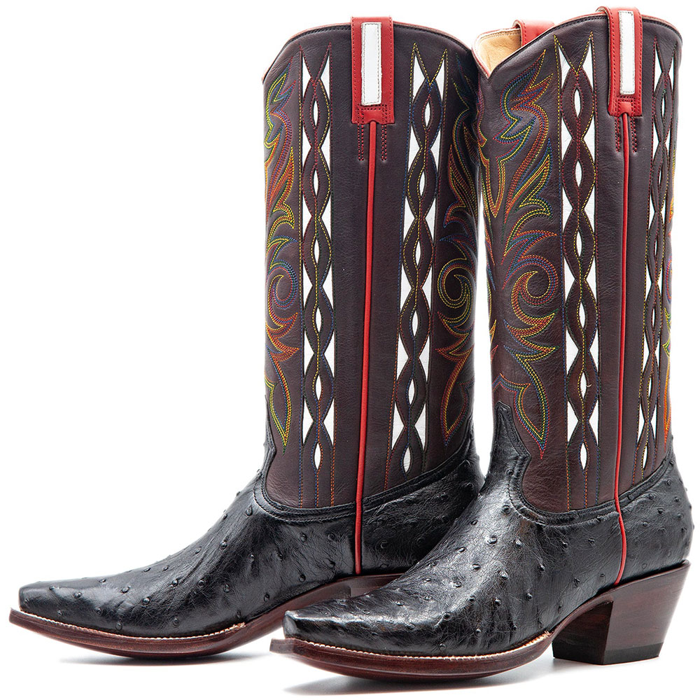 Black & Brown Ostrich Embossed Decor Stitching Mid-Calf Cowgirl Boots Nicepairs