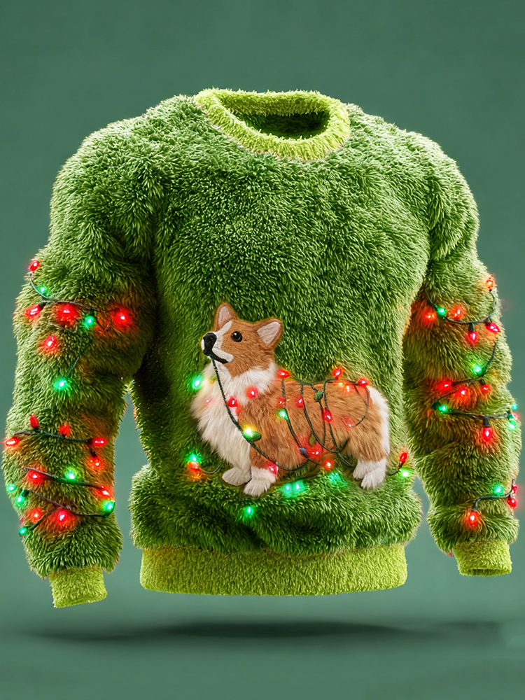 Men's Corgi Dog With Christmas Lights Cozy Plush Sweatshirt elevenforest